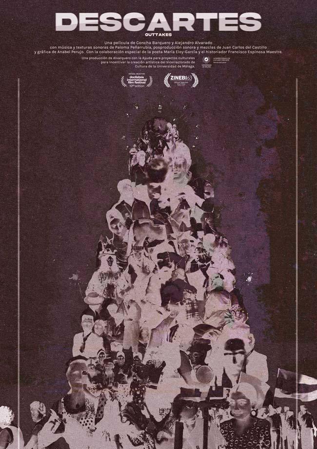 Cartel del cortometraje Descartes, en el que aparece una especie de montaña alta de siluetas de personas amontonadas unas encima de otras, en negativo fotográfico