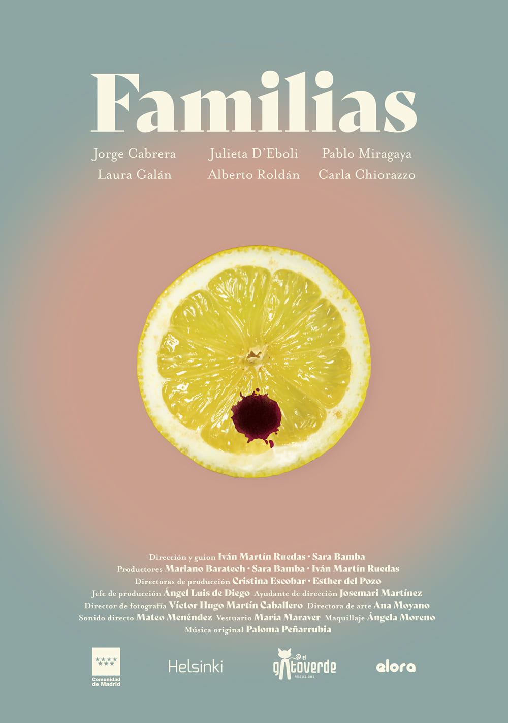 Cartel del cortometraje Familias, en el que aparece medio limón con una mancha de sangre sobre fondo de colores pastel