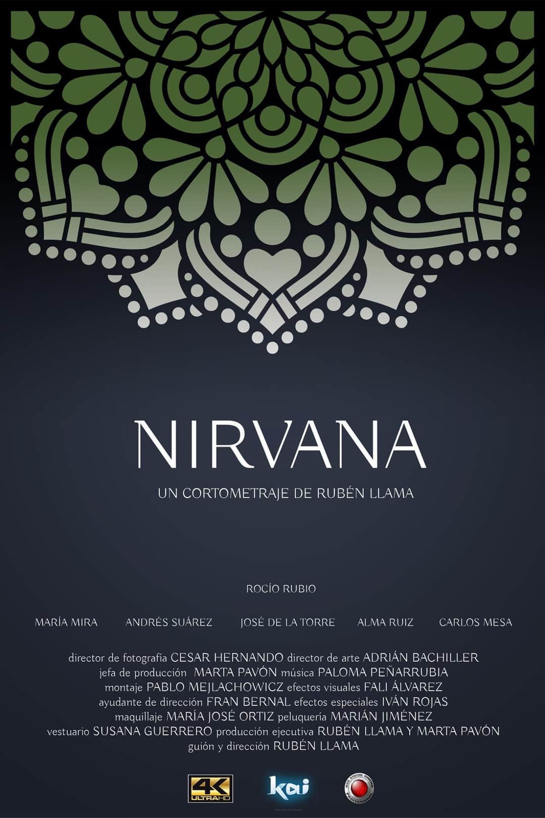 Cartel del cortometraje Nirvana, compuesto por medio mandala verde en la parte superior, sobre fondo azul oscuro
